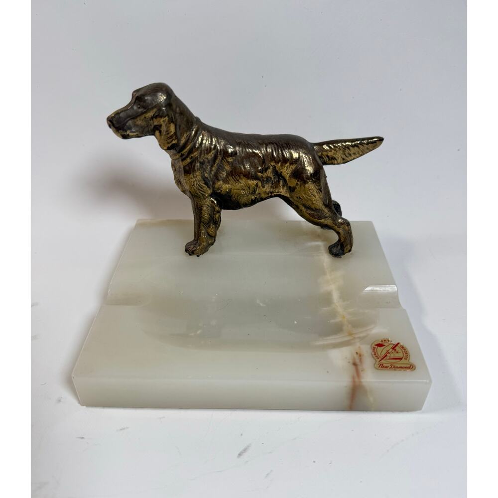 Vintage MCM Mid Century Brass Cocker Spaniel Figure on Solid Onyx Ashtray 6”sq